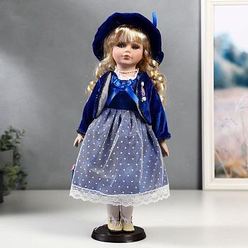 Кукла коллекционная керамика "Женя в синем платье и бархатном пиджаке" 40 см