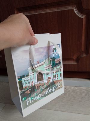 Пакет картонный ламинированный "Достопримечательности Новосибирска" (молочный), 18 х 23 см