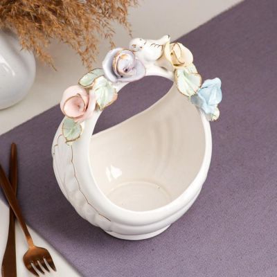 Конфетница "Корзина", белая, цветная лепка, птички, 22 см, микс