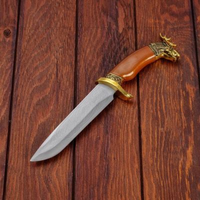 Сувенирный нож, рукоять под дерево с головой лося, ножны расписные, 6х32 см