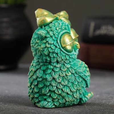 Фигура "Сова с бантом" бирюзовый с позолотой 14см