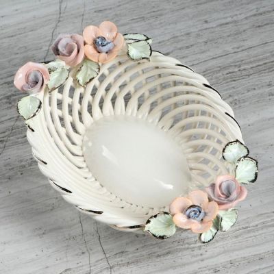 Конфетница "Ладушка", белая, цветная лепка, плетение, керамика, 9 см, микс