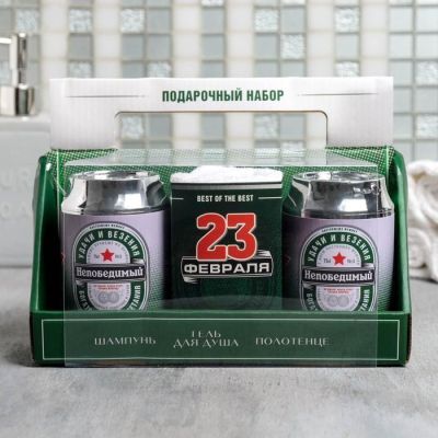 Набор «Непобедимый» гель и шампунь банка пива 250 мл аромат сливочного пива, полотенце