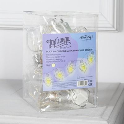 Гирлянда "Нить" 3 м с насадками "Лампочки сердца", IP20, прозрачная нить, 80 LED, свечение тёплое белое, 8 режимов, 220 В