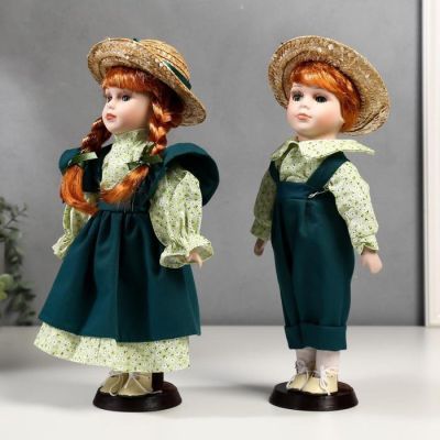 Кукла коллекционная парочка набор 2 шт "Маша и Миша в зелёных нарядах" 30 см