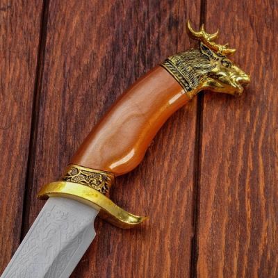 Сувенирный нож, рукоять под дерево с головой лося, ножны расписные, 6х32 см