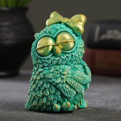 Фигура "Сова с бантом" бирюзовый с позолотой 14см