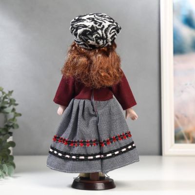 Кукла коллекционная керамика "Рыжая в бордовой кофте и юбке в клетку" 30 см