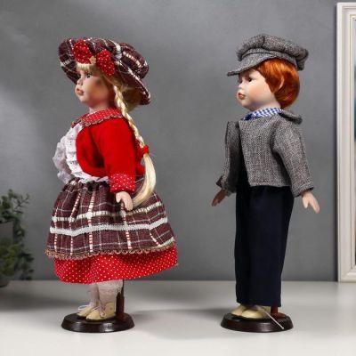Кукла коллекционная парочка набор 2 шт "Лиза и Лёша в нарядах в клеточку" 40 см