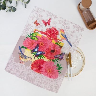 Полотенце вафельное  "Герберы" 45х60 см, розовый, 160 гр/м, хл,