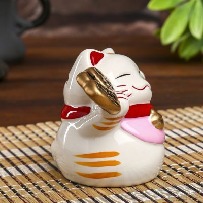 Копилка керамика "Манэки-нэко иероглиф богатство" 7,5х7х7 см