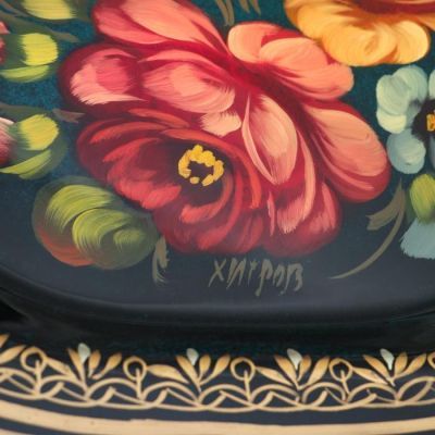 Поднос жостовский "Цветы", ровный, автор Хитров, 26х22 см, малый, прямоугольный