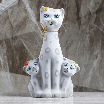 Копилка "Кошка с котятами", покрытие флок, серая, 28,5 см