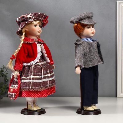 Кукла коллекционная парочка набор 2 шт "Лиза и Лёша в нарядах в клеточку" 40 см