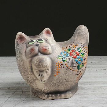 Копилка "Кот с мышкой", под шамот, чёрный, 16 см