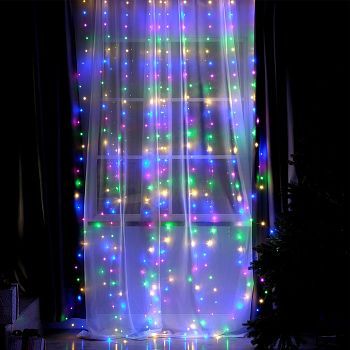 Гирлянда «Занавес» 2.8 × 3 м роса на крючках, с пультом, IP20, серебристая нить, 300 LED, свечение мульти, 8 режимов, USB