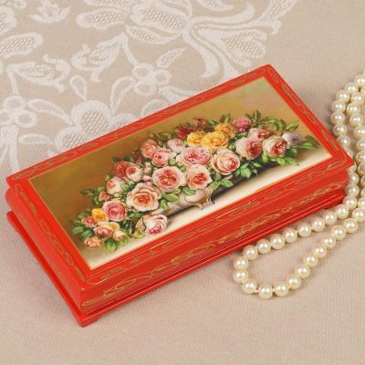 Шкатулка - купюрница «Розы в вазе», красная, 8,5×17 см, лаковая миниатюра