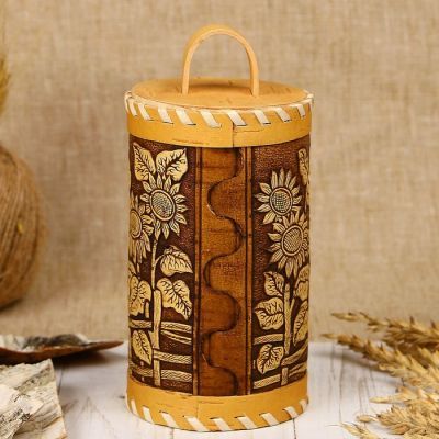 Туес «Подсолнухи», чай, 8×17,5 см, береста, микс