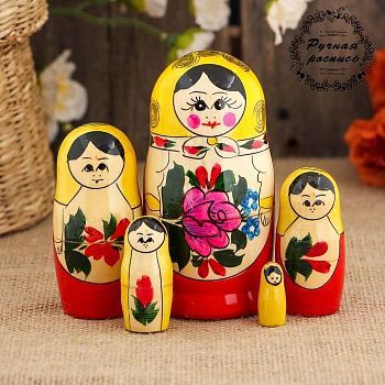 Матрёшка «Семёновская», желтый платок, 5 кукольная, 10 см, ручная работа
