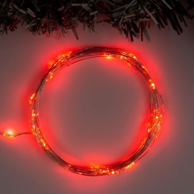 Гирлянда «Нить» 5 м роса, IP20, серебристая нить, 50 LED, свечение красное, 2 режима, AAх3