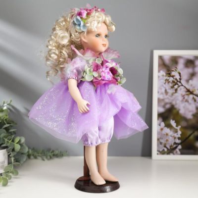 Кукла коллекционная керамика "Малышка Феона в сиреневом платье с цветами" 40 см