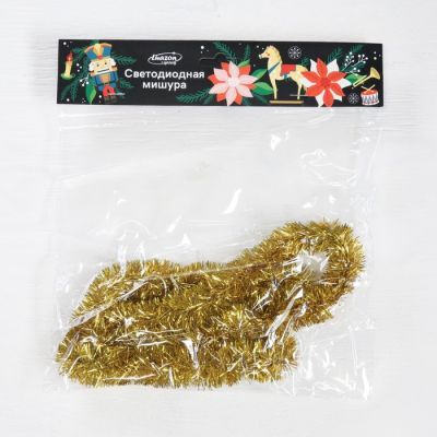 Гирлянда «Мишура» 1 м роса, IP20, золотистая нить, 22 LED, 8 слоёв, d=3 см, свечение тёплое белое, CR2032х2