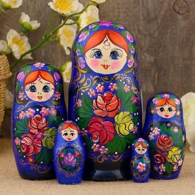 Матрёшка «Жостово», синий платок, 5 кукольная, 17 см, МИКС