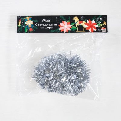 Гирлянда «Мишура» 1 м роса, IP20, серебристая нить, 22 LED, 6 слоёв, d=7 см, свечение белое, CR2032х2
