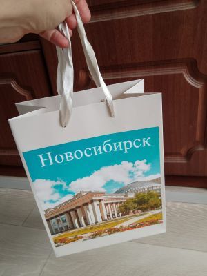 Пакет картонный ламинированный "Достопримечательности Новосибирска" (молочный), 18 х 23 см