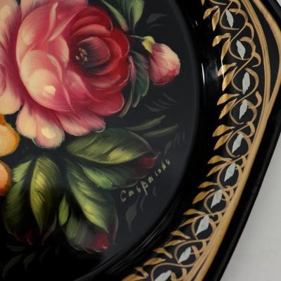 Поднос жостовский "Цветы", автор Владыкина, D=17 см, малый, круг