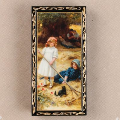 Шкатулка - купюрница «Девушки с котёнком», 8,5×17 см, лаковая миниатюра