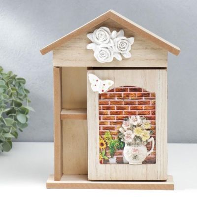 Ключница дерево 4 крючка "Фиалки в горшочке" 26,5х19х6 см