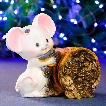 Копилка "Мышка с бочкой" белая 14х19см