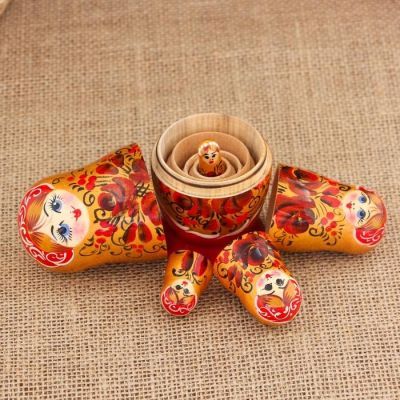 Матрёшка «Цветы», золотой платок, 5 кукольная, 10 см, ручная работа