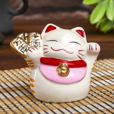 Копилка керамика "Манэки-нэко иероглиф богатство" 7,5х7х7 см