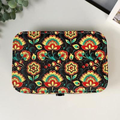 Шкатулка кожзам под часы 1 отделение и бижутерию "Сказочные цветы на чёрном" 7х22х14,5 см