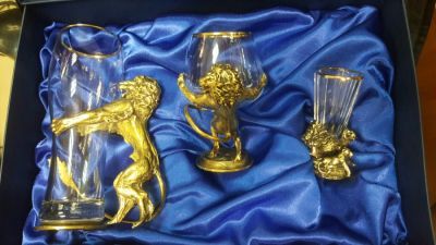 Подарочный набор "Лев" 3 в 1: пивной бокал, коньячный бокал, стопка (стекло, латунь)