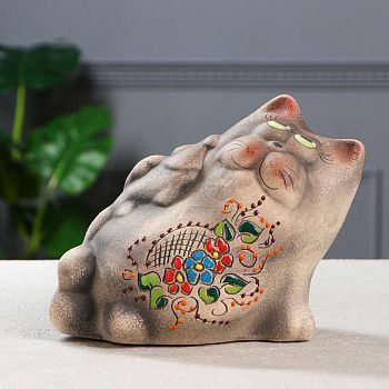 Копилка "Кот с рыбой", под шамот, 15,5 см, микс