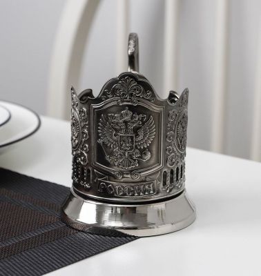 Подстаканник «Герб РФ», со стаканом (латунь, никель) в деревянной шкатулке