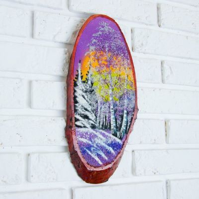 Картина "Зима" на срезе дерева 35 х 16 х 2 см, каменная крошка