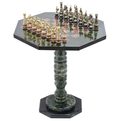 Шахматный стол фигуры "Римские" на подставках бронза креноид змеевик №6