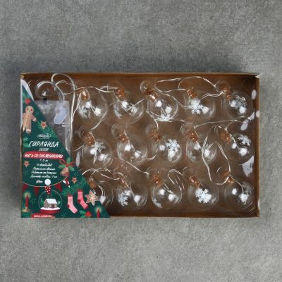 Гирлянда «Нить» 1.6 м с насадками «Шарики со снежинкой», IP20, прозрачная нить, 15 LED, свечение белое, ААх2