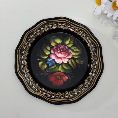 Поднос жостовский "Цветы", кружевной, автор Владыкина, D=17 см, малый, круг