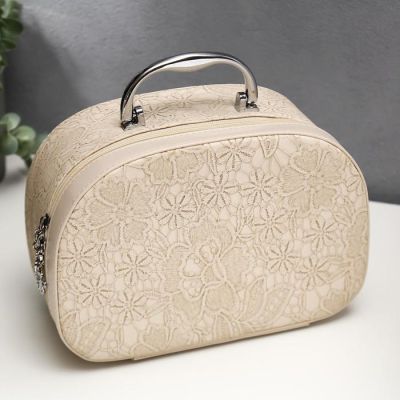 Шкатулка кожзам для косметики "Кружево цветы" сливки н-р 3 шт 6,5х11х19 8х14х22 11х25х17 см   514444