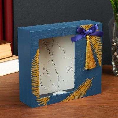 Копилка интерьерная дерево "Золотой папоротник на синем" 15х20х6 см