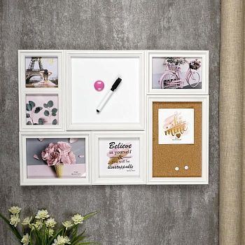 Фоторамка на 5 ф 10х10,13х13,10х15,13х18см бел.магн.доск.19х19см+пробка 21,5х14см 37х52,5см
