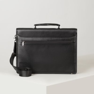 Портфель деловой, 3 отдела, 5 наружных карманов, длинный ремень, цвет чёрный