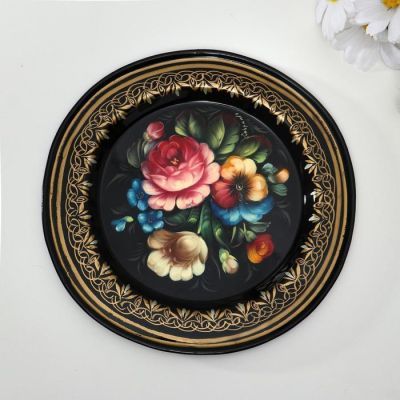Поднос жостовский "Цветы", ровный, автор Владыкина, D=17 см