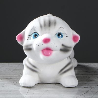 Копилка "Котик Максик", флок, серая, 14 см