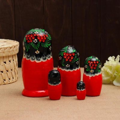 Матрёшка «Снегири в рябине», чёрный платок, 5 кукольная, 18 см